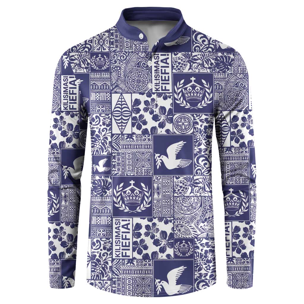 Blue Tonga Kilisimasi Fiefia Button Sweatshirt Pacific Patchwork Xmas Vibes LT9 Blue - Polynesian Pride