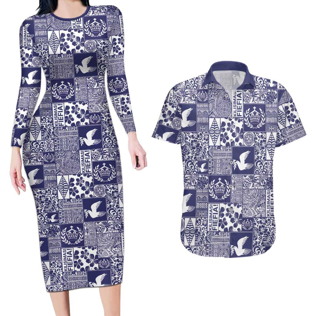 Blue Tonga Kilisimasi Fiefia Couples Matching Long Sleeve Bodycon Dress and Hawaiian Shirt Pacific Patchwork Xmas Vibes - Polynesian Pride