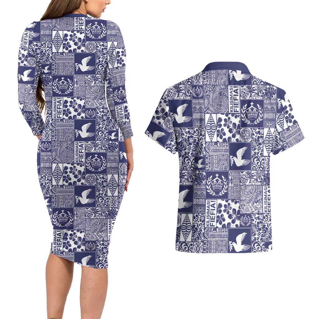 Blue Tonga Kilisimasi Fiefia Couples Matching Long Sleeve Bodycon Dress and Hawaiian Shirt Pacific Patchwork Xmas Vibes - Polynesian Pride