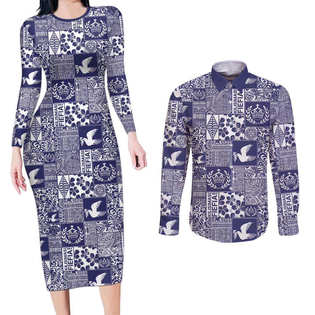 Blue Tonga Kilisimasi Fiefia Couples Matching Long Sleeve Bodycon Dress and Long Sleeve Button Shirt Pacific Patchwork Xmas Vibes - Polynesian Pride