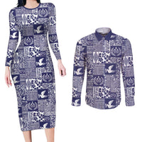 Blue Tonga Kilisimasi Fiefia Couples Matching Long Sleeve Bodycon Dress and Long Sleeve Button Shirt Pacific Patchwork Xmas Vibes - Polynesian Pride