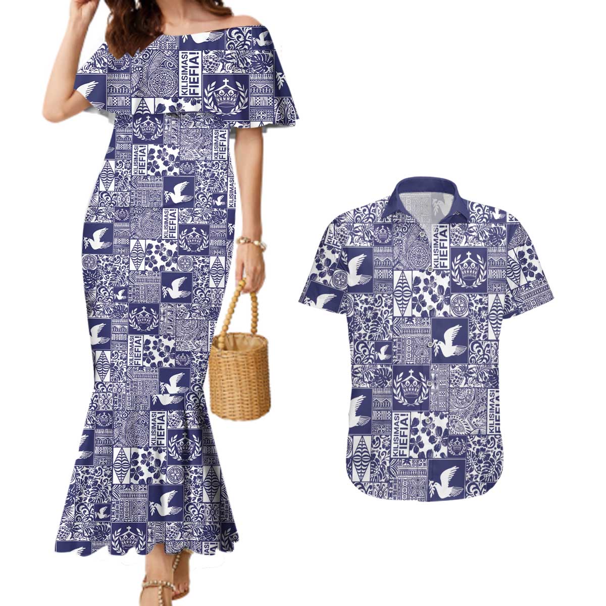 Blue Tonga Kilisimasi Fiefia Couples Matching Mermaid Dress and Hawaiian Shirt Pacific Patchwork Xmas Vibes - Polynesian Pride