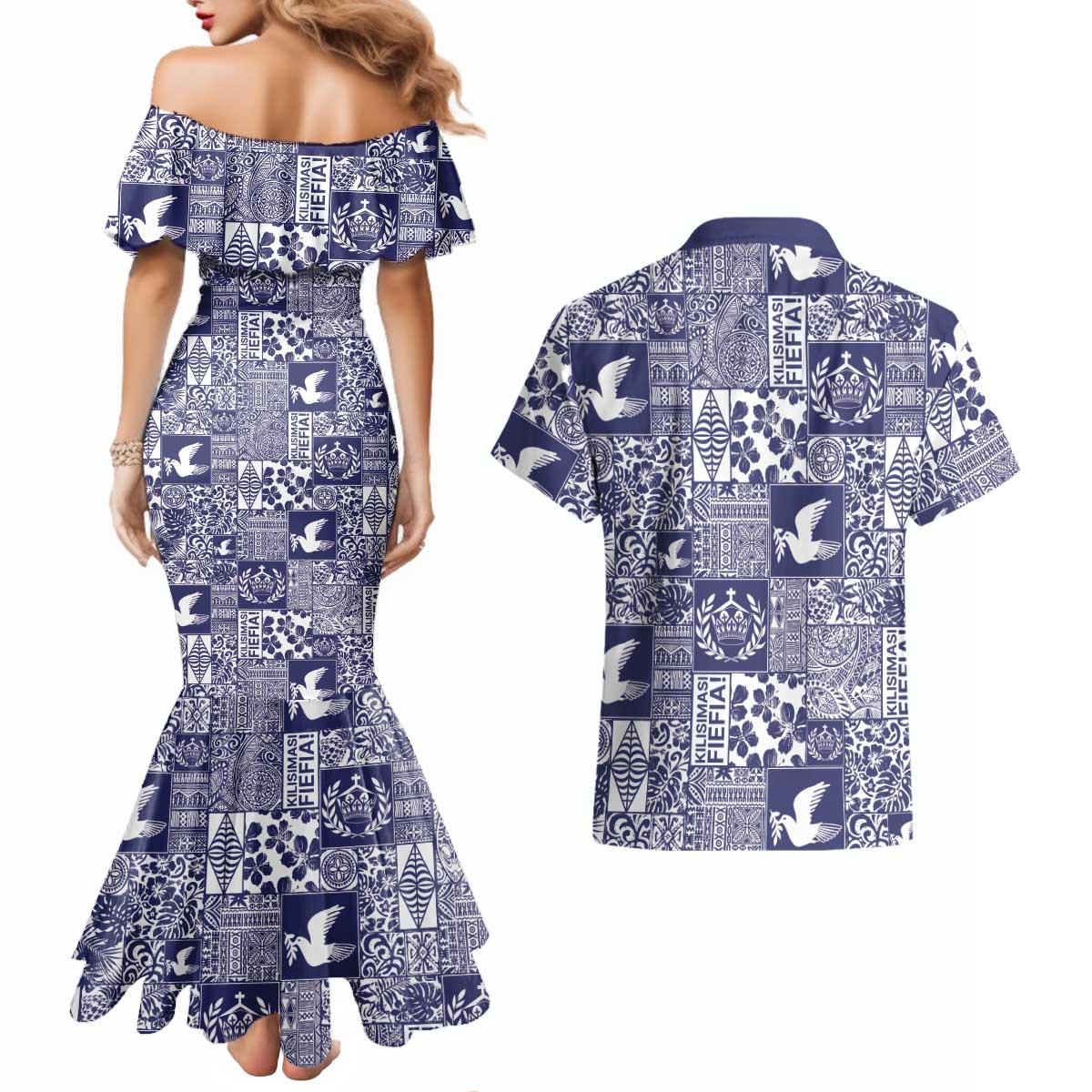 Blue Tonga Kilisimasi Fiefia Couples Matching Mermaid Dress and Hawaiian Shirt Pacific Patchwork Xmas Vibes - Polynesian Pride