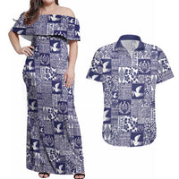 Blue Tonga Kilisimasi Fiefia Couples Matching Off Shoulder Maxi Dress and Hawaiian Shirt Pacific Patchwork Xmas Vibes - Polynesian Pride