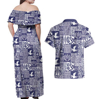 Blue Tonga Kilisimasi Fiefia Couples Matching Off Shoulder Maxi Dress and Hawaiian Shirt Pacific Patchwork Xmas Vibes - Polynesian Pride