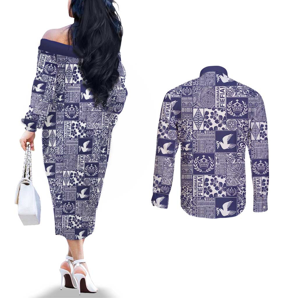 Blue Tonga Kilisimasi Fiefia Couples Matching Off The Shoulder Long Sleeve Dress and Long Sleeve Button Shirt Pacific Patchwork Xmas Vibes - Polynesian Pride