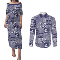 Blue Tonga Kilisimasi Fiefia Couples Matching Puletasi and Long Sleeve Button Shirt Pacific Patchwork Xmas Vibes - Polynesian Pride
