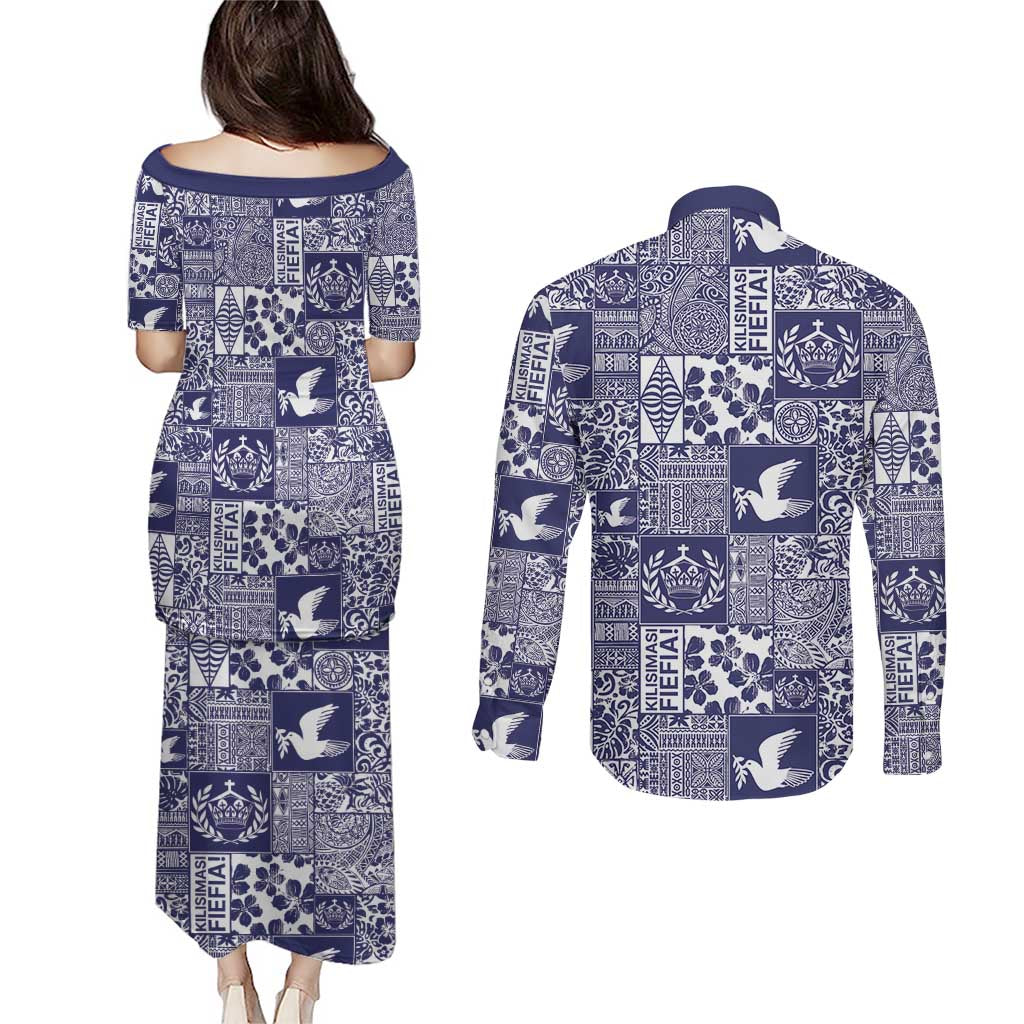 Blue Tonga Kilisimasi Fiefia Couples Matching Puletasi and Long Sleeve Button Shirt Pacific Patchwork Xmas Vibes - Polynesian Pride