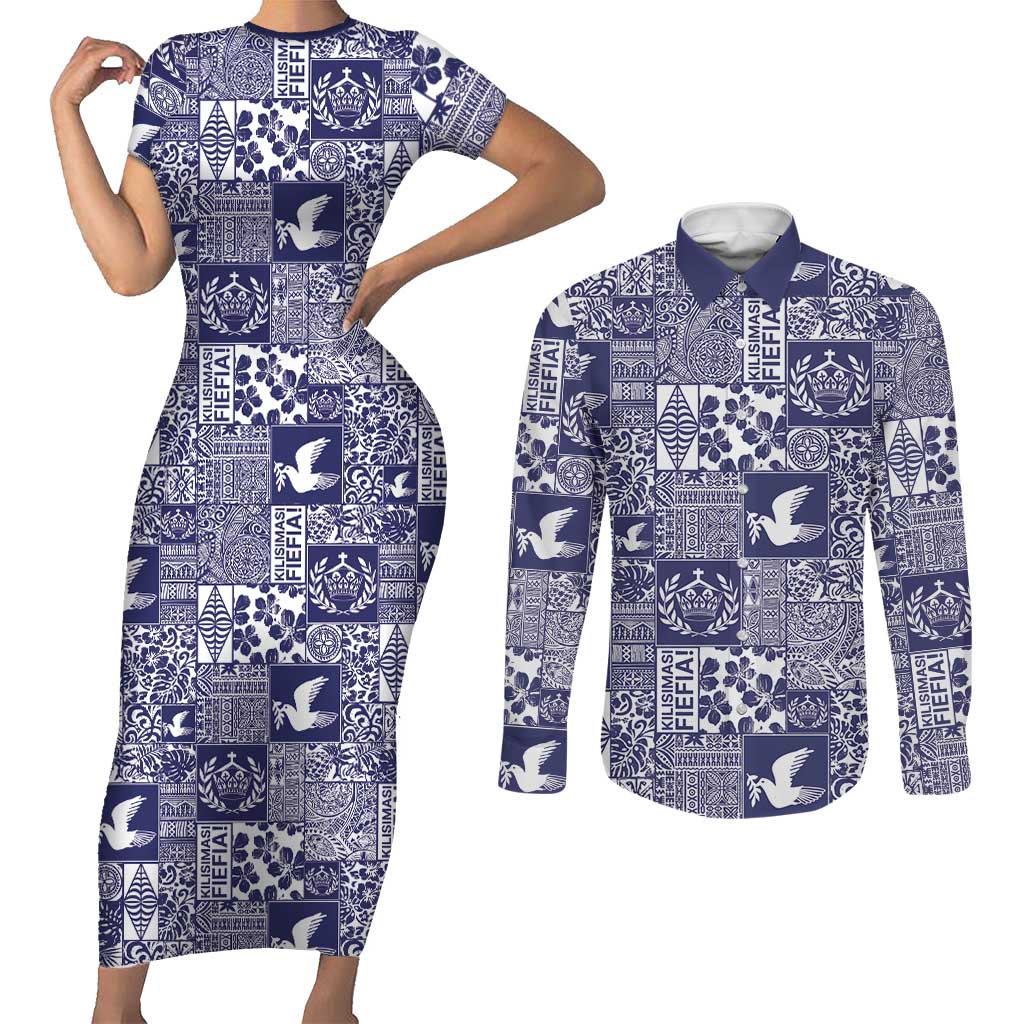 Blue Tonga Kilisimasi Fiefia Couples Matching Short Sleeve Bodycon Dress and Long Sleeve Button Shirt Pacific Patchwork Xmas Vibes - Polynesian Pride