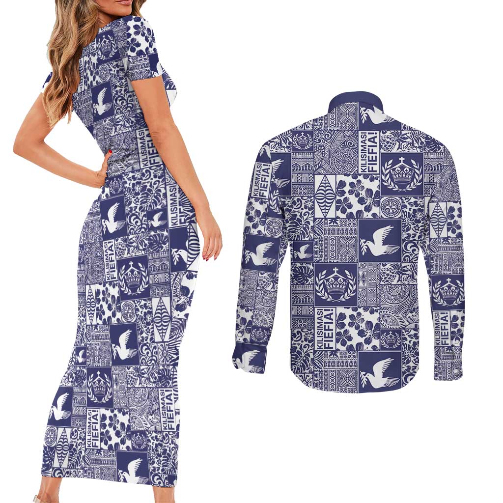 Blue Tonga Kilisimasi Fiefia Couples Matching Short Sleeve Bodycon Dress and Long Sleeve Button Shirt Pacific Patchwork Xmas Vibes - Polynesian Pride
