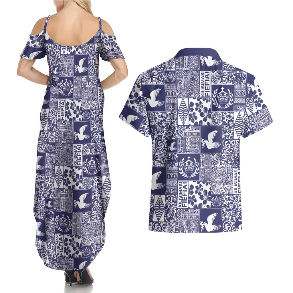 Blue Tonga Kilisimasi Fiefia Couples Matching Summer Maxi Dress and Hawaiian Shirt Pacific Patchwork Xmas Vibes - Polynesian Pride
