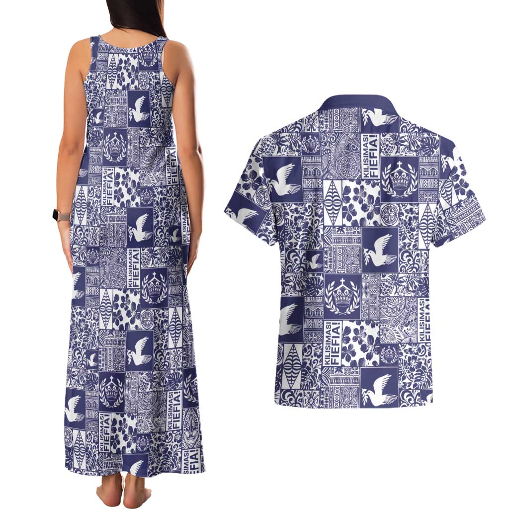 Blue Tonga Kilisimasi Fiefia Couples Matching Tank Maxi Dress and Hawaiian Shirt Pacific Patchwork Xmas Vibes - Polynesian Pride