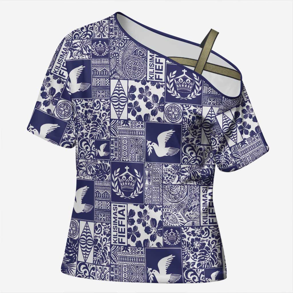 Blue Tonga Kilisimasi Fiefia Cross Shoulder Shirt Pacific Patchwork Xmas Vibes - Polynesian Pride