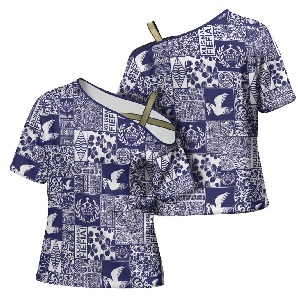 Blue Tonga Kilisimasi Fiefia Cross Shoulder Shirt Pacific Patchwork Xmas Vibes - Polynesian Pride