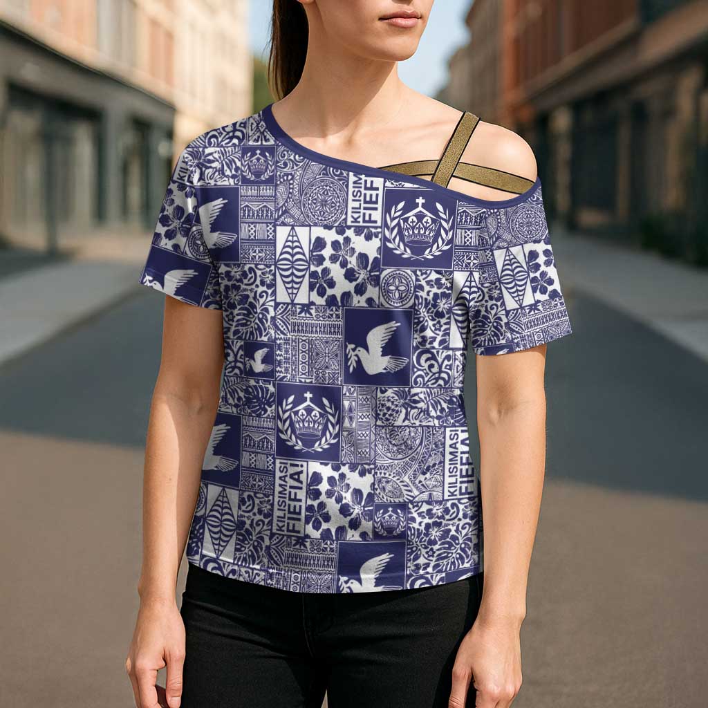Blue Tonga Kilisimasi Fiefia Cross Shoulder Shirt Pacific Patchwork Xmas Vibes - Polynesian Pride
