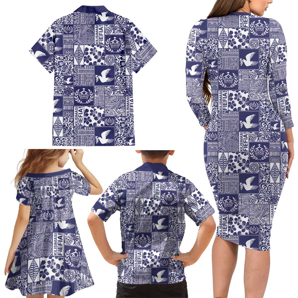 Blue Tonga Kilisimasi Fiefia Family Matching Long Sleeve Bodycon Dress and Hawaiian Shirt Pacific Patchwork Xmas Vibes LT9 - Polynesian Pride