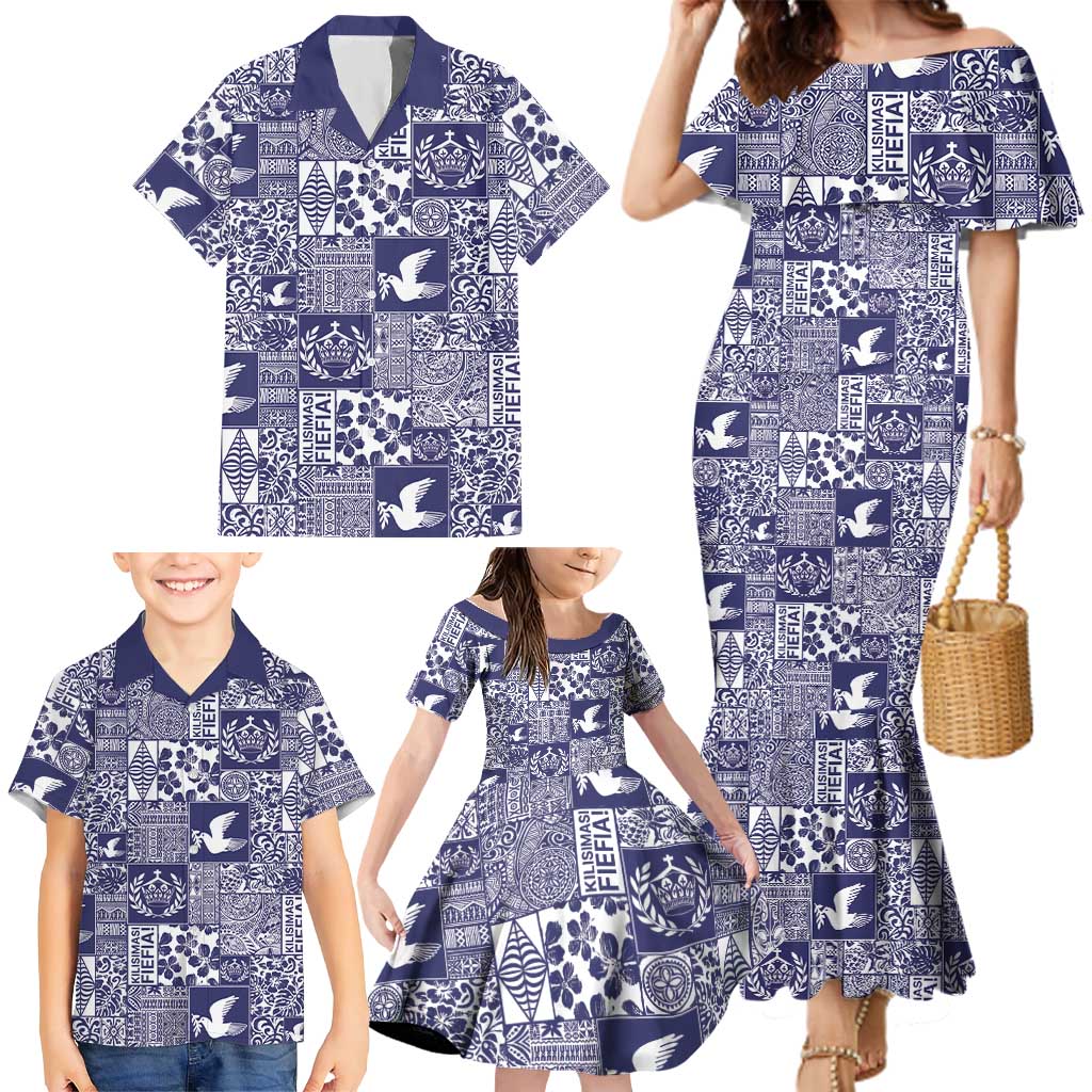 Blue Tonga Kilisimasi Fiefia Family Matching Mermaid Dress and Hawaiian Shirt Pacific Patchwork Xmas Vibes LT9 - Polynesian Pride