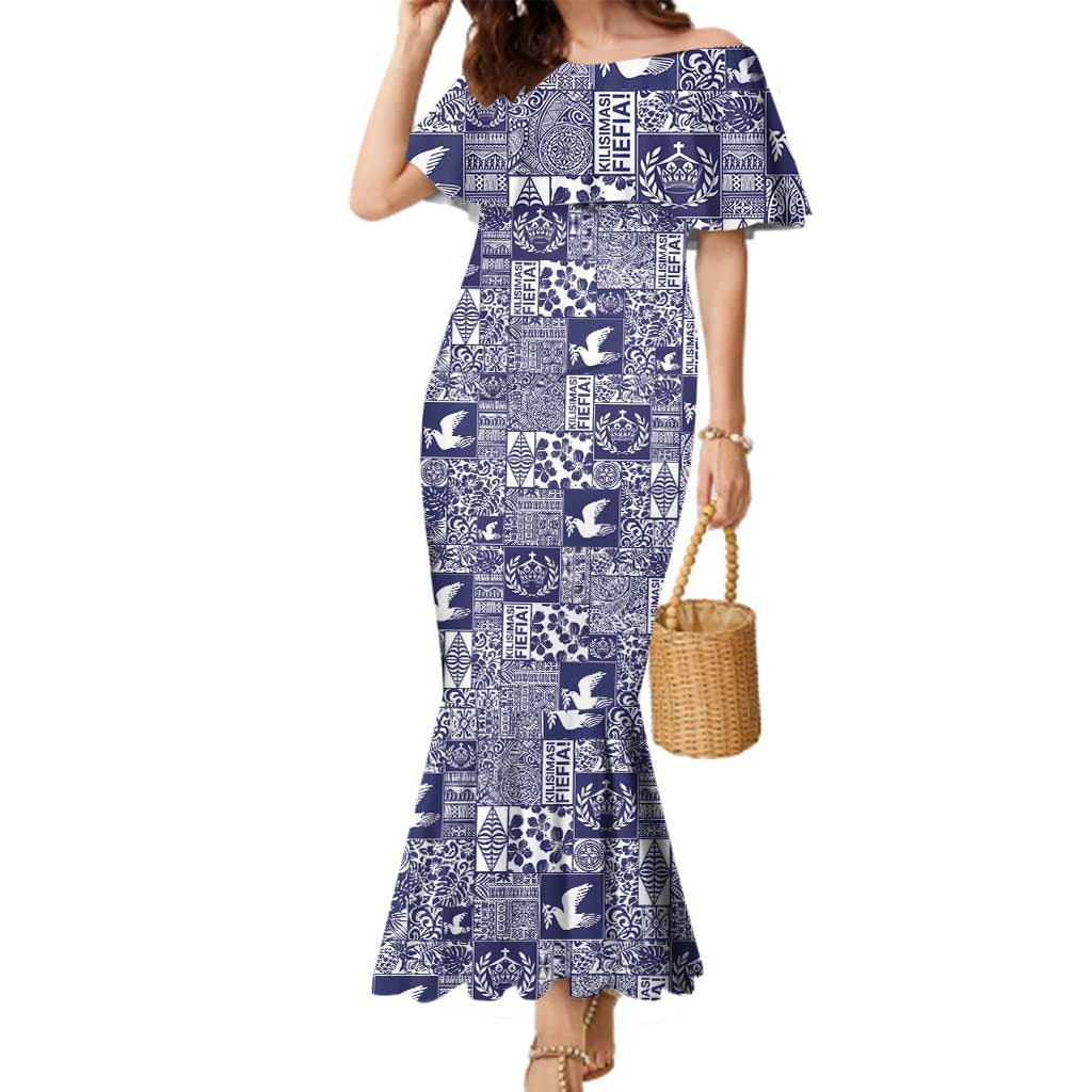 Blue Tonga Kilisimasi Fiefia Family Matching Mermaid Dress and Hawaiian Shirt Pacific Patchwork Xmas Vibes LT9 Mom's Dress Blue - Polynesian Pride