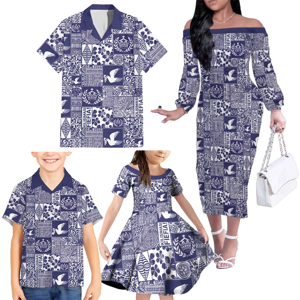 Blue Tonga Kilisimasi Fiefia Family Matching Off The Shoulder Long Sleeve Dress and Hawaiian Shirt Pacific Patchwork Xmas Vibes - Polynesian Pride