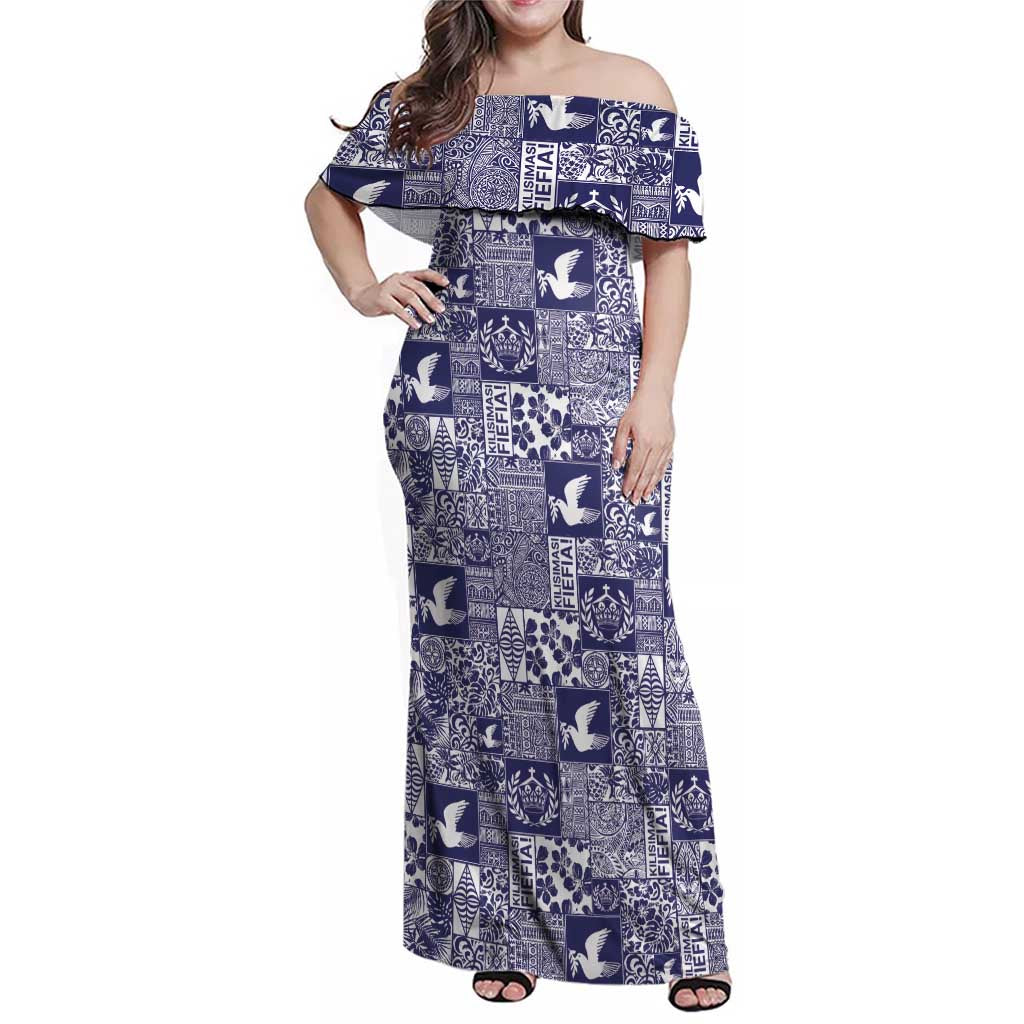 Blue Tonga Kilisimasi Fiefia Family Matching Off Shoulder Maxi Dress and Hawaiian Shirt Pacific Patchwork Xmas Vibes LT9 Mom's Dress Blue - Polynesian Pride
