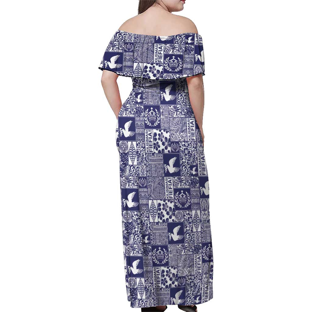 Blue Tonga Kilisimasi Fiefia Family Matching Off Shoulder Maxi Dress and Hawaiian Shirt Pacific Patchwork Xmas Vibes LT9 - Polynesian Pride