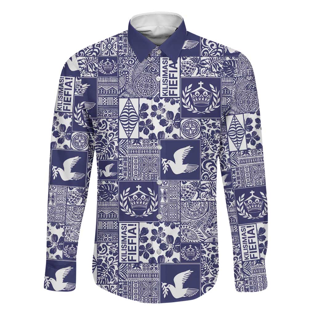 Blue Tonga Kilisimasi Fiefia Family Matching Off Shoulder Short Dress and Hawaiian Shirt Pacific Patchwork Xmas Vibes LT9 Dad's Shirt - Long Sleeve Blue - Polynesian Pride