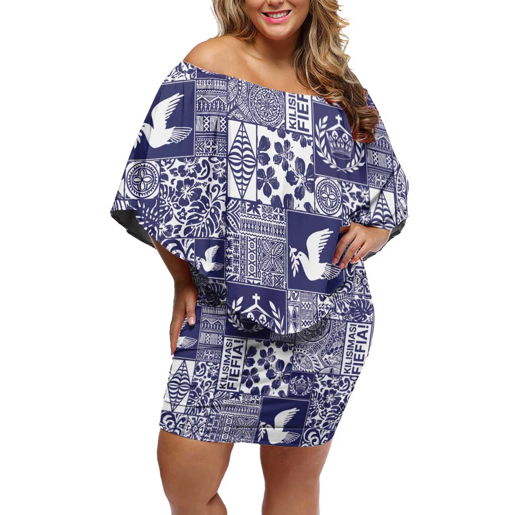 Blue Tonga Kilisimasi Fiefia Family Matching Off Shoulder Short Dress and Hawaiian Shirt Pacific Patchwork Xmas Vibes LT9 Mom's Dress Blue - Polynesian Pride