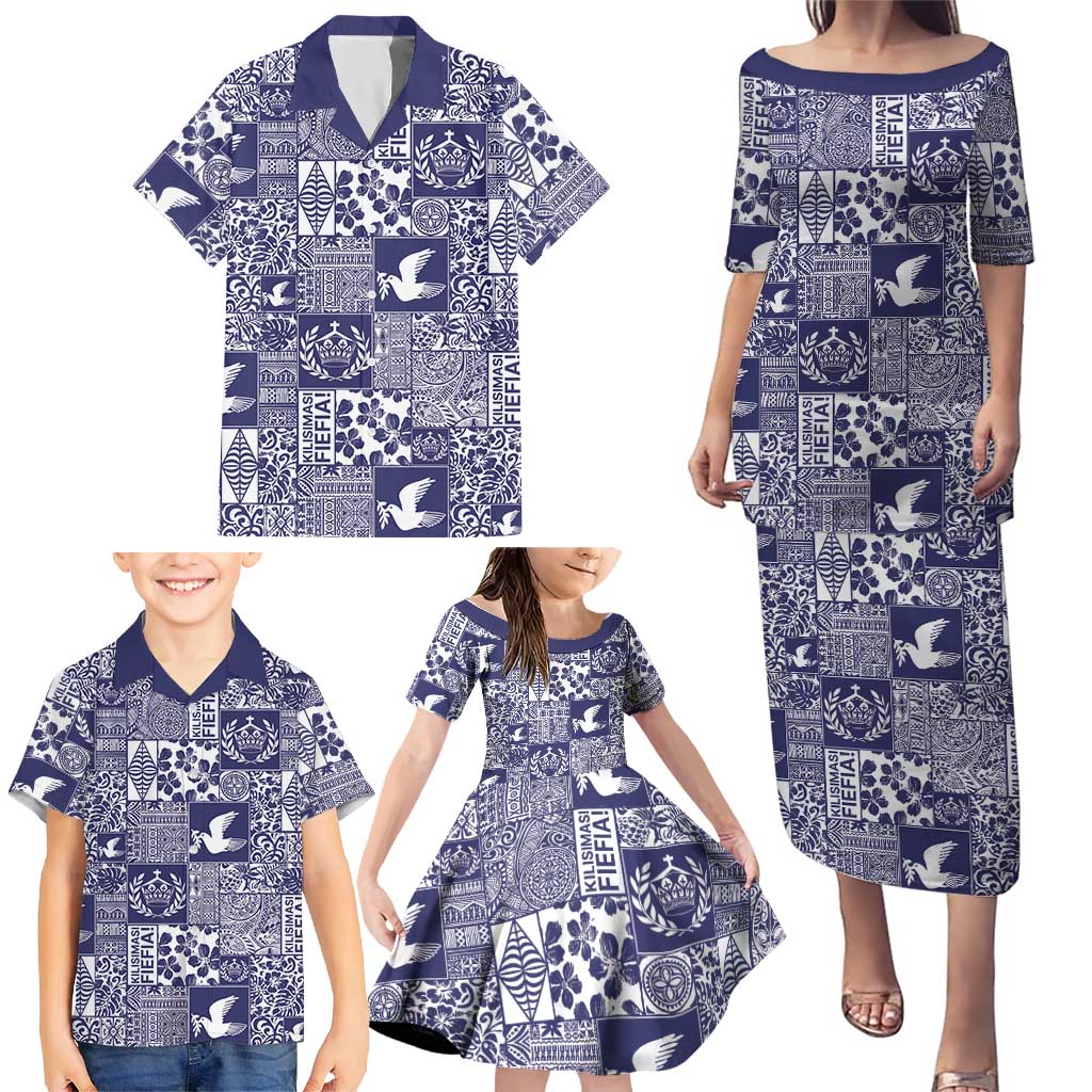 Blue Tonga Kilisimasi Fiefia Family Matching Puletasi and Hawaiian Shirt Pacific Patchwork Xmas Vibes - Polynesian Pride