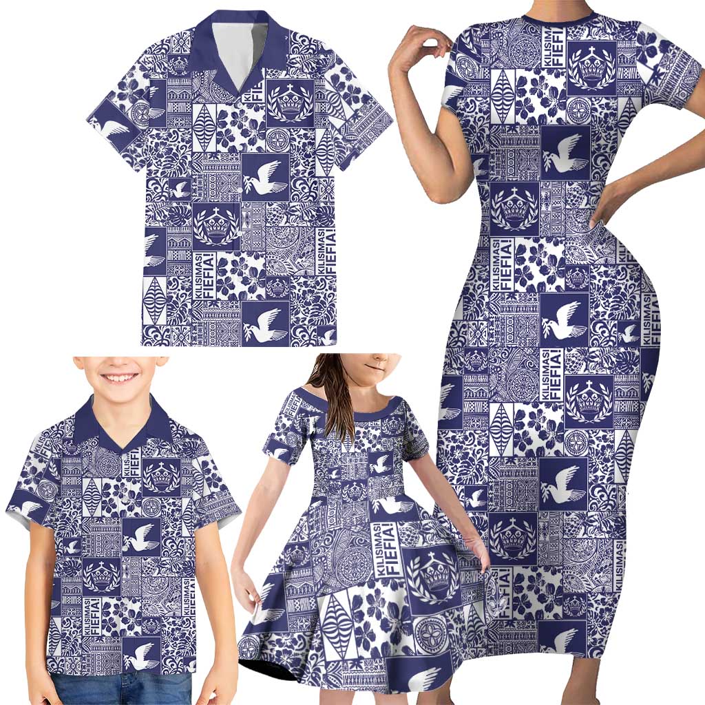 Blue Tonga Kilisimasi Fiefia Family Matching Short Sleeve Bodycon Dress and Hawaiian Shirt Pacific Patchwork Xmas Vibes - Polynesian Pride