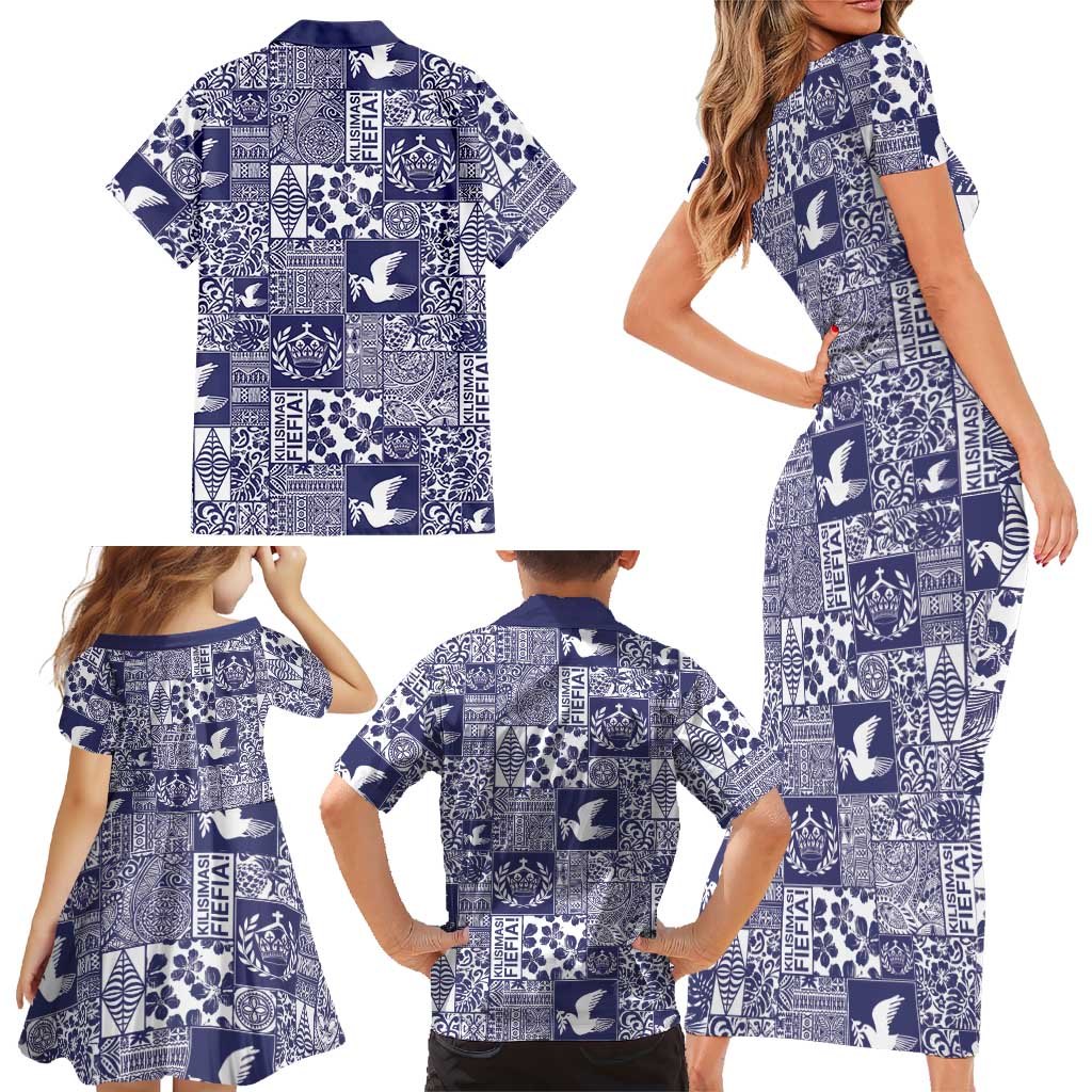 Blue Tonga Kilisimasi Fiefia Family Matching Short Sleeve Bodycon Dress and Hawaiian Shirt Pacific Patchwork Xmas Vibes LT9 - Polynesian Pride