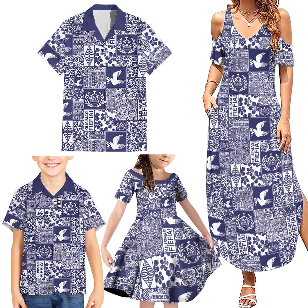 Blue Tonga Kilisimasi Fiefia Family Matching Summer Maxi Dress and Hawaiian Shirt Pacific Patchwork Xmas Vibes - Polynesian Pride