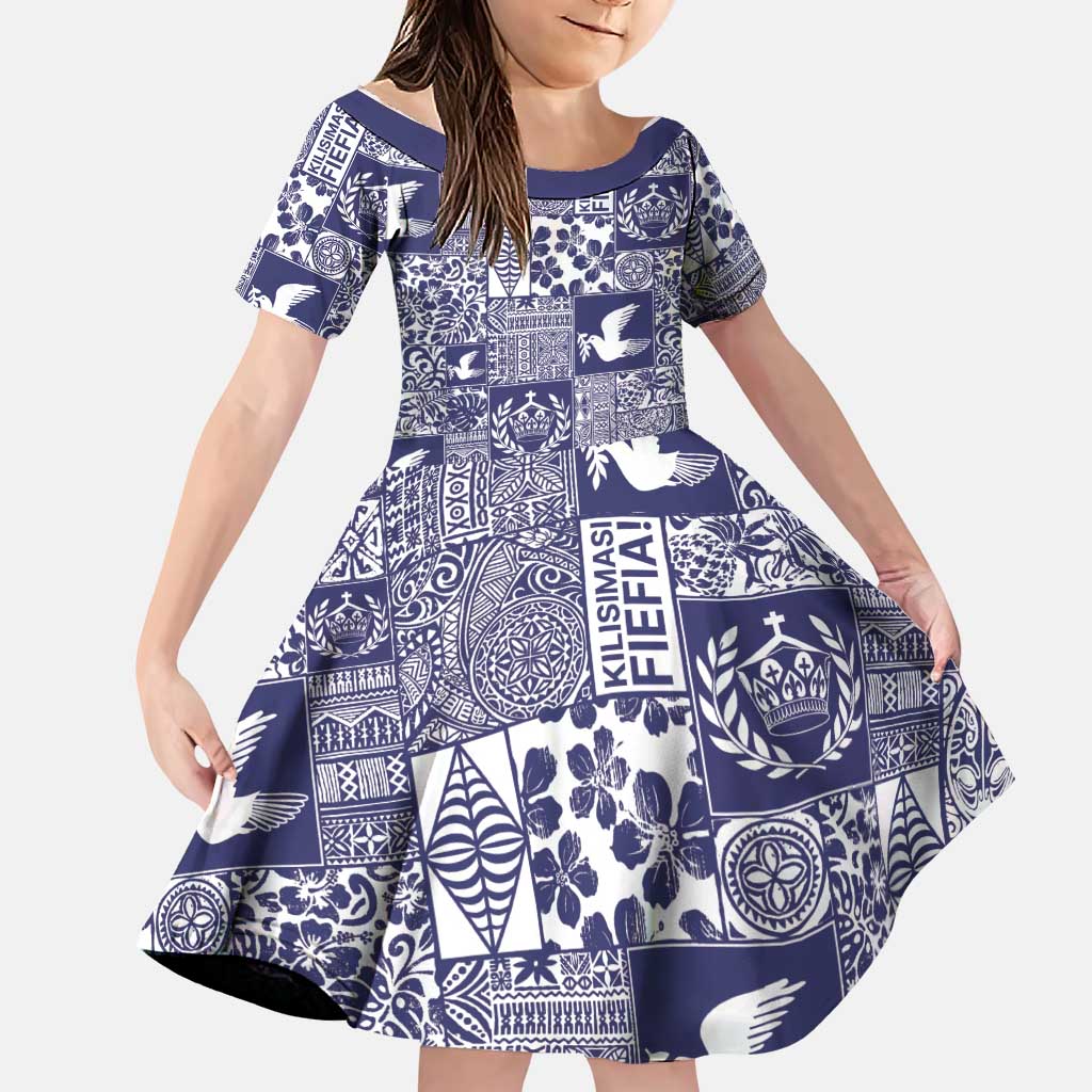 Blue Tonga Kilisimasi Fiefia Family Matching Tank Maxi Dress and Hawaiian Shirt Pacific Patchwork Xmas Vibes LT9 Daughter's Dress Blue - Polynesian Pride