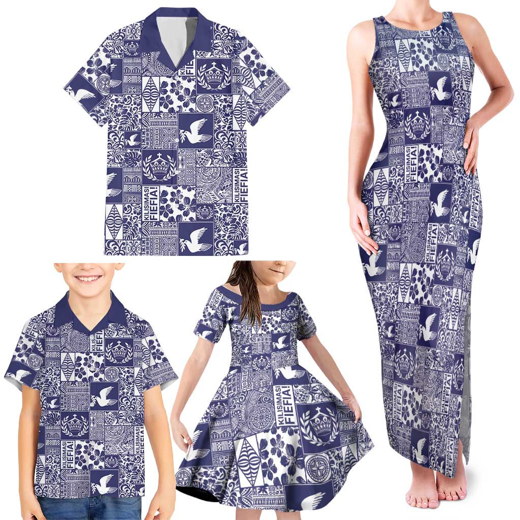 Blue Tonga Kilisimasi Fiefia Family Matching Tank Maxi Dress and Hawaiian Shirt Pacific Patchwork Xmas Vibes - Polynesian Pride
