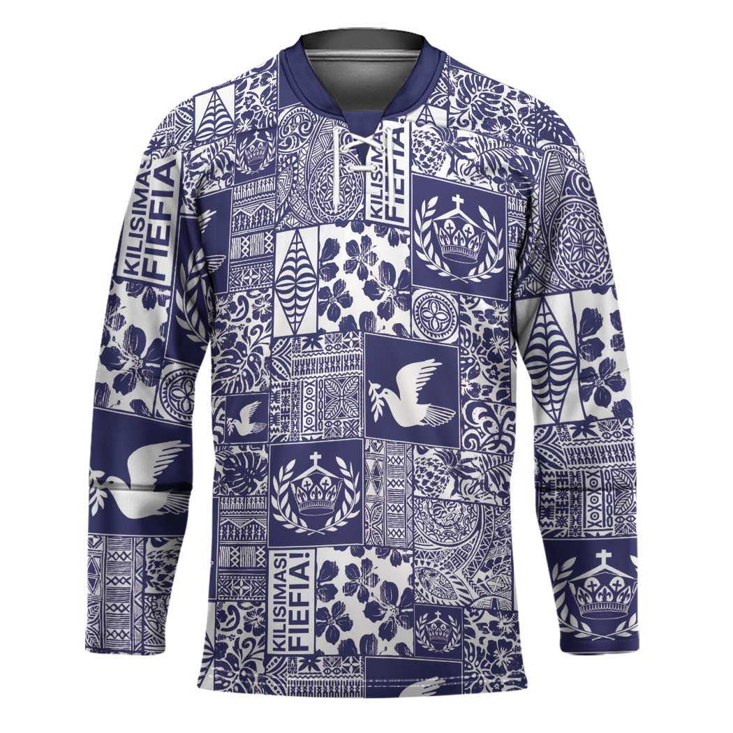 Blue Tonga Kilisimasi Fiefia Hockey Jersey Pacific Patchwork Xmas Vibes - Polynesian Pride