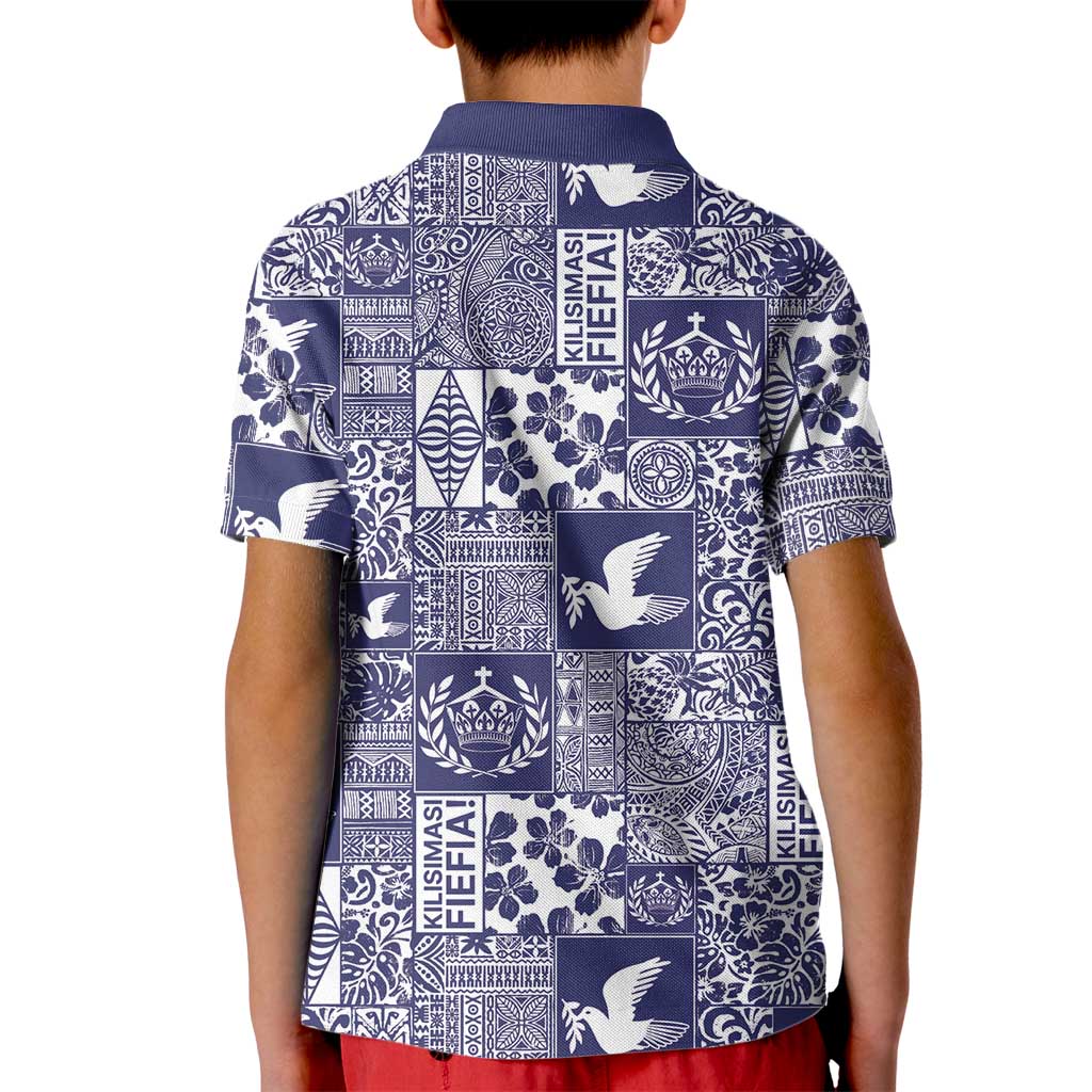 Blue Tonga Kilisimasi Fiefia Kid Polo Shirt Pacific Patchwork Xmas Vibes - Polynesian Pride