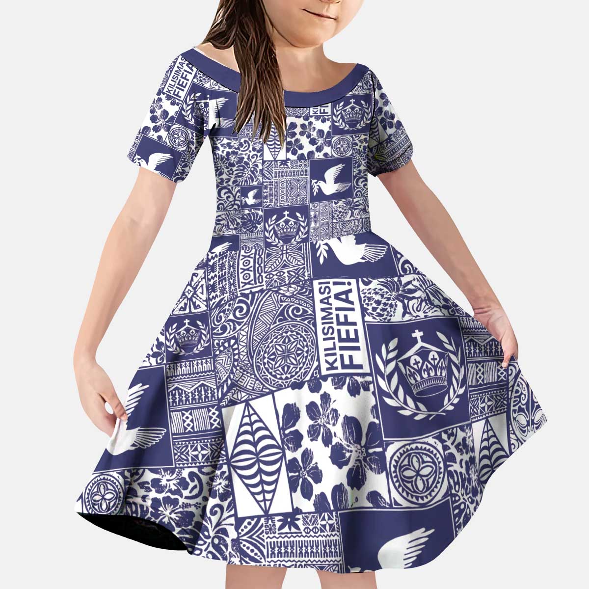 Blue Tonga Kilisimasi Fiefia Kid Short Sleeve Dress Pacific Patchwork Xmas Vibes - Polynesian Pride