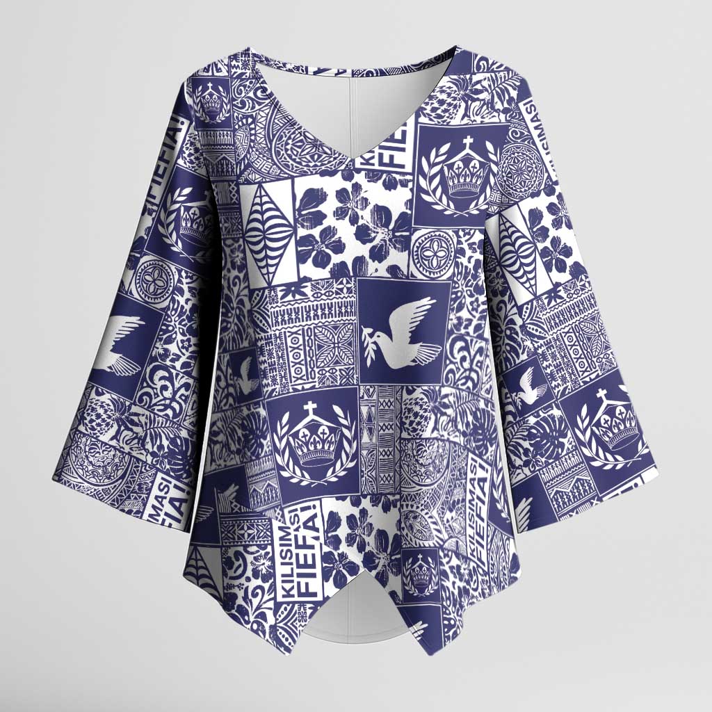 Blue Tonga Kilisimasi Fiefia Kimono Sleeve Blouse Pacific Patchwork Xmas Vibes LT9 Female Blue - Polynesian Pride