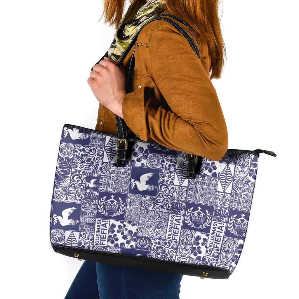 Blue Tonga Kilisimasi Fiefia Leather Tote Bag Pacific Patchwork Xmas Vibes - Polynesian Pride