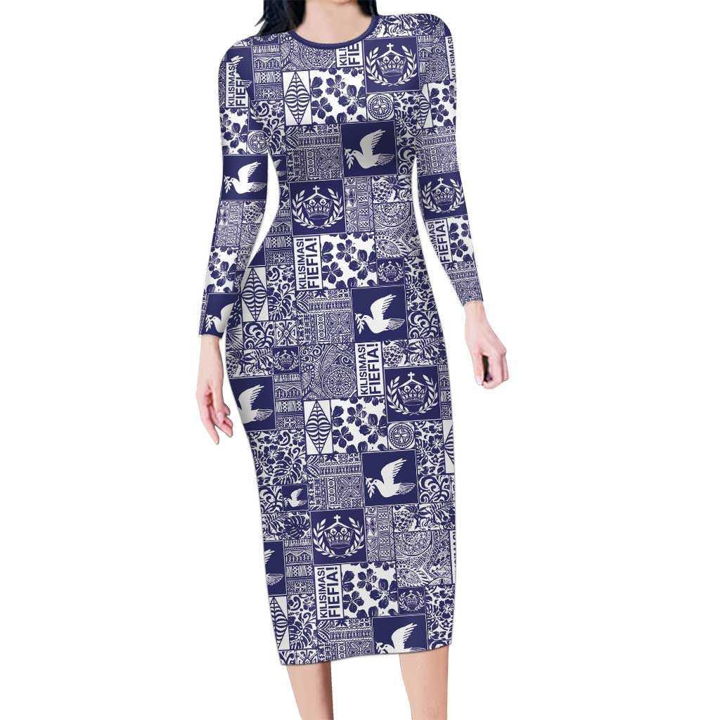 Blue Tonga Kilisimasi Fiefia Long Sleeve Bodycon Dress Pacific Patchwork Xmas Vibes - Polynesian Pride