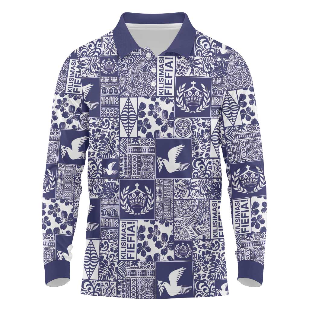 Blue Tonga Kilisimasi Fiefia Long Sleeve Polo Shirt Pacific Patchwork Xmas Vibes - Polynesian Pride