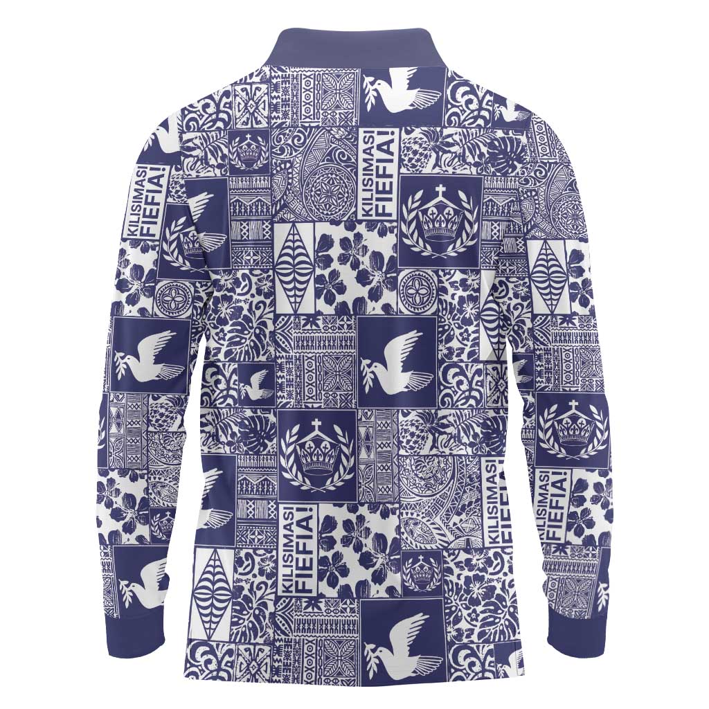 Blue Tonga Kilisimasi Fiefia Long Sleeve Polo Shirt Pacific Patchwork Xmas Vibes - Polynesian Pride