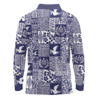 Blue Tonga Kilisimasi Fiefia Long Sleeve Polo Shirt Pacific Patchwork Xmas Vibes - Polynesian Pride