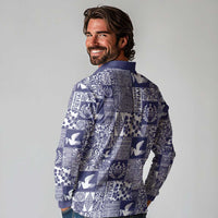 Blue Tonga Kilisimasi Fiefia Long Sleeve Polo Shirt Pacific Patchwork Xmas Vibes - Polynesian Pride