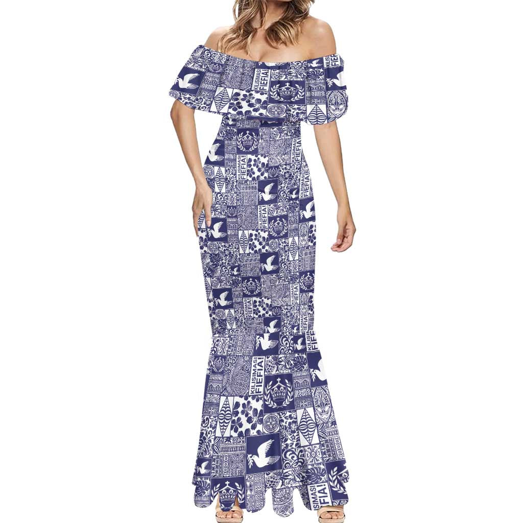 Blue Tonga Kilisimasi Fiefia Mermaid Dress Pacific Patchwork Xmas Vibes - Polynesian Pride