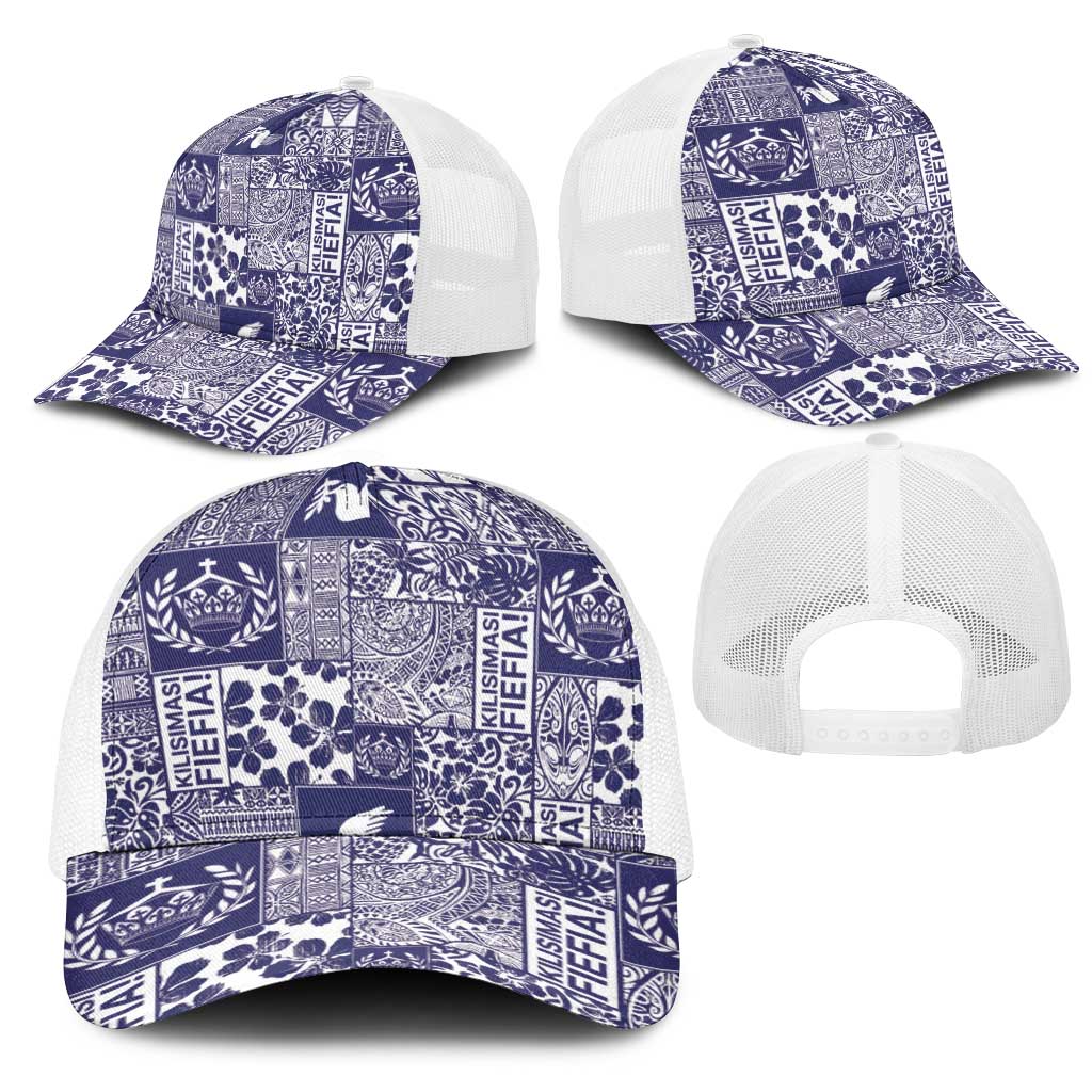Blue Tonga Kilisimasi Fiefia Mesh Trucker Cap Pacific Patchwork Xmas Vibes - Polynesian Pride