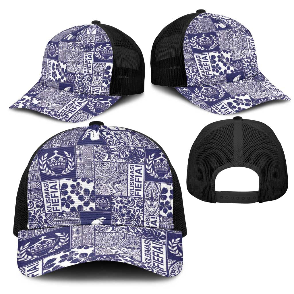 Blue Tonga Kilisimasi Fiefia Mesh Trucker Cap Pacific Patchwork Xmas Vibes - Polynesian Pride