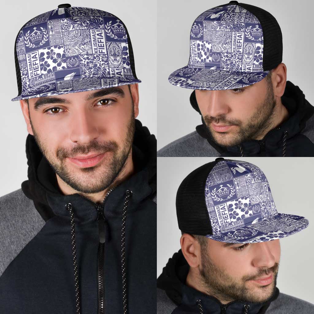 Blue Tonga Kilisimasi Fiefia Mesh Trucker Cap Pacific Patchwork Xmas Vibes - Polynesian Pride