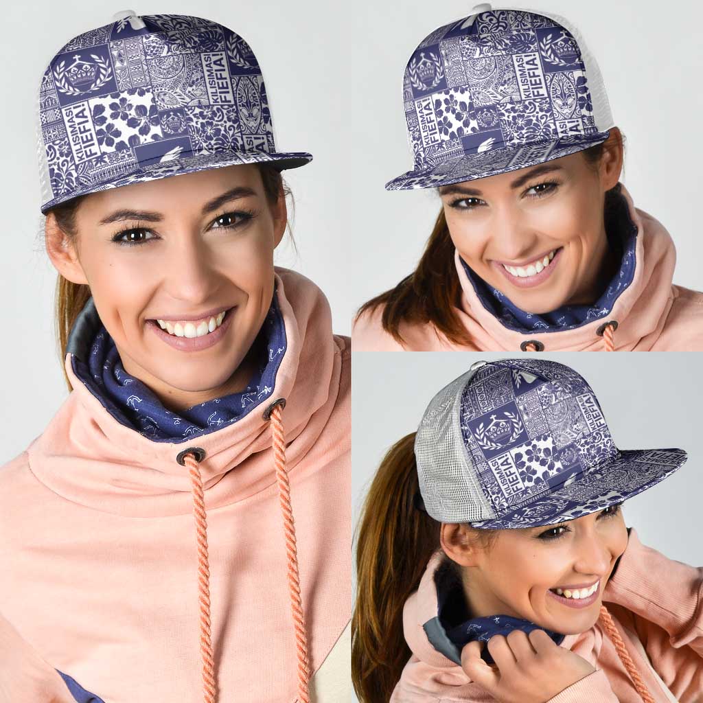 Blue Tonga Kilisimasi Fiefia Mesh Trucker Cap Pacific Patchwork Xmas Vibes - Polynesian Pride