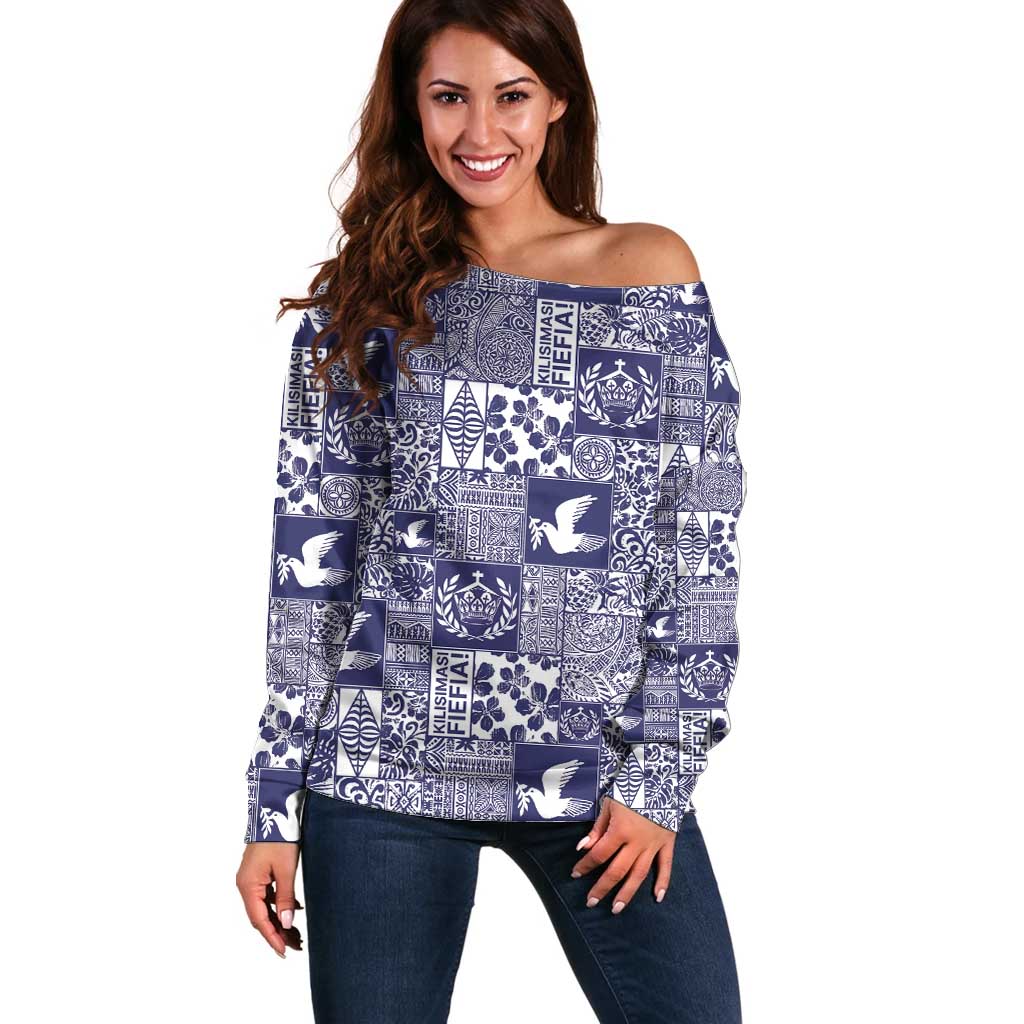 Blue Tonga Kilisimasi Fiefia Off Shoulder Sweater Pacific Patchwork Xmas Vibes - Polynesian Pride
