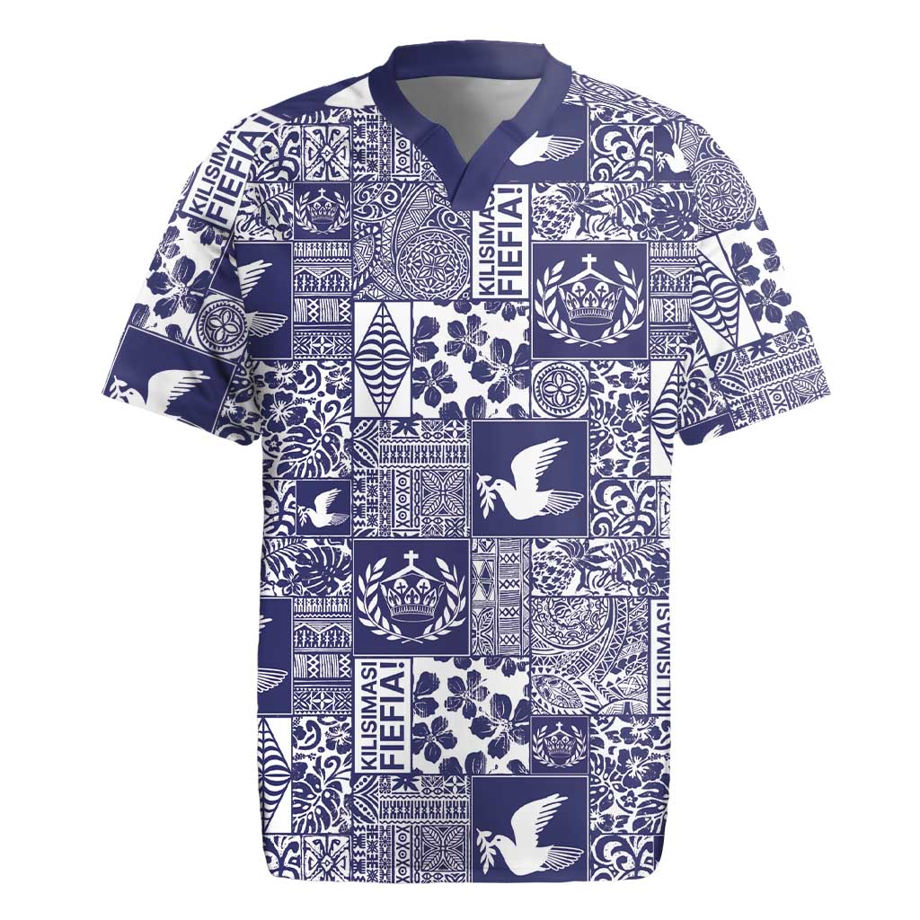 Blue Tonga Kilisimasi Fiefia Rugby Jersey Pacific Patchwork Xmas Vibes - Polynesian Pride